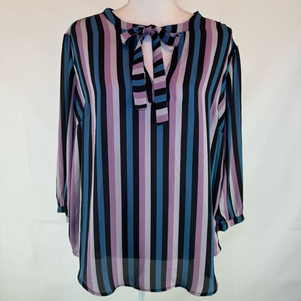 Torrid Women's Georgette Bow Tie Blouse Stripe Blue Pink Top Relaxed Fit 0 L 12